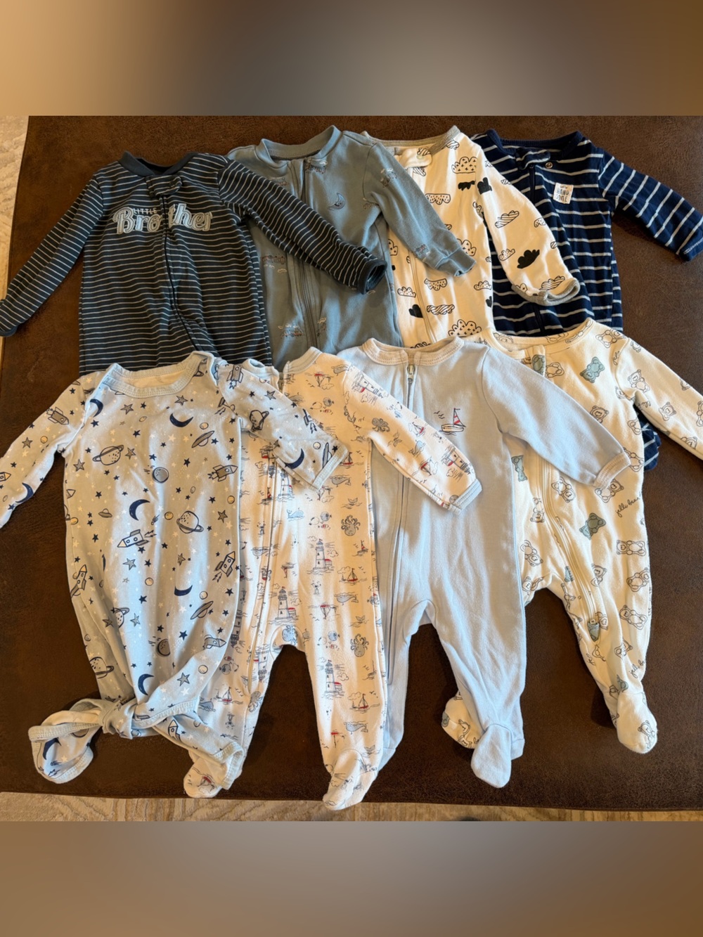 8-Pack 0-3M Blue and White Baby One-Piece Sleepers